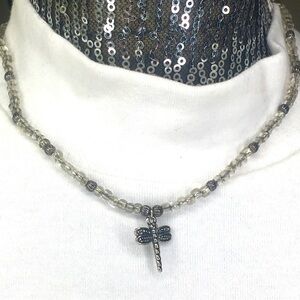 Artisan dragonfly necklace clear beads silver-tone 16”